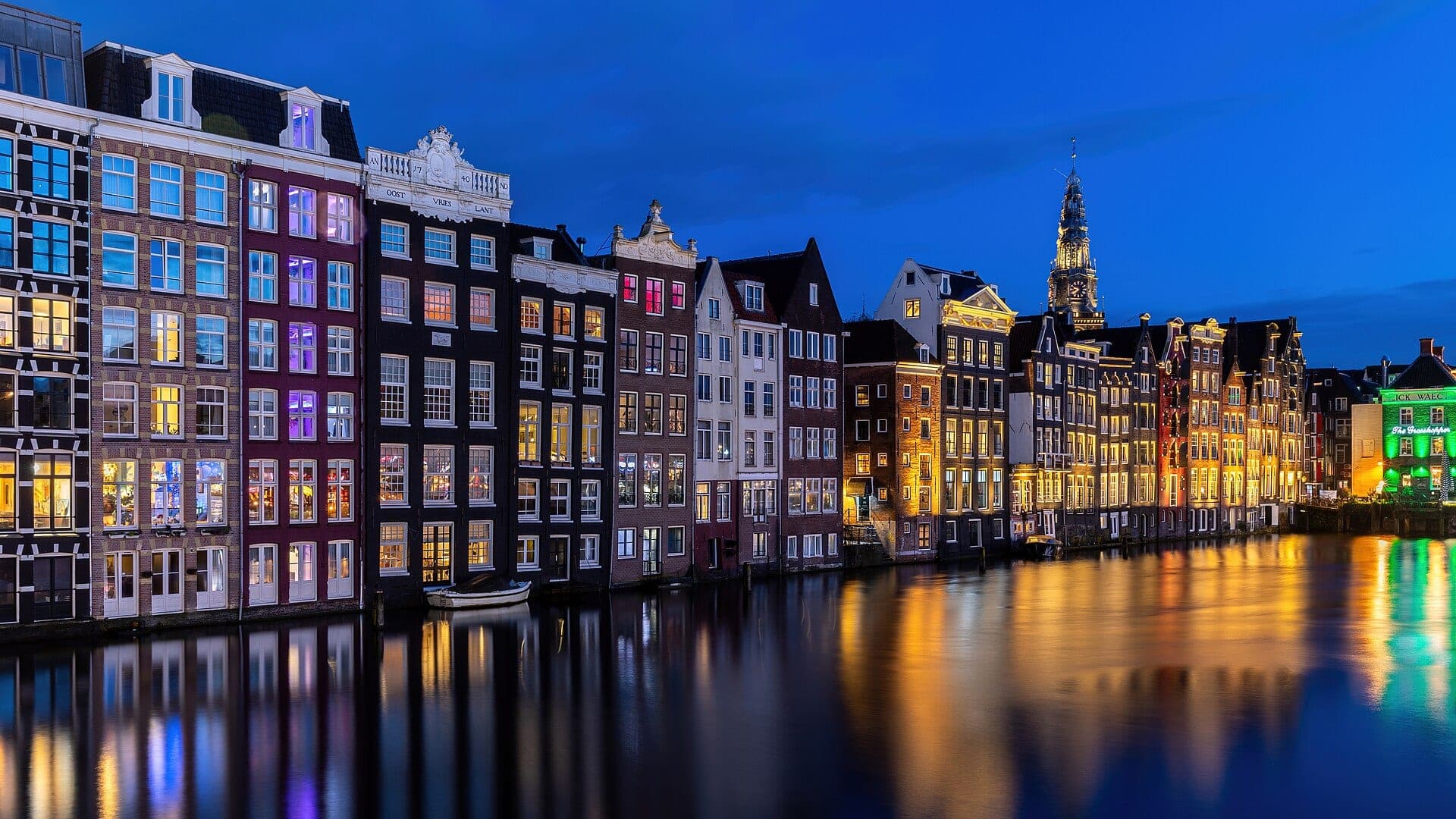 Canal houses on the Damrak at blue hour, Amsterdam